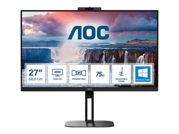 AOC Q27V5CW/BK Moniteur 27 » 2560 x 1440 QHD @ 75 Hz – IPS – 300 cd/m² HDMI, DisplayPort, USB-C – HP- WEBCAM