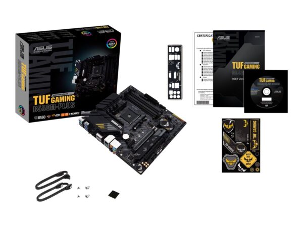 ASUS TUF GAMING B550M-PLUS mATX MB PCIe 4.0 dual M.2 10 DrMOS power stages 2.5Gb Ethernet HDMI DisplayPort SATA 6Gbps