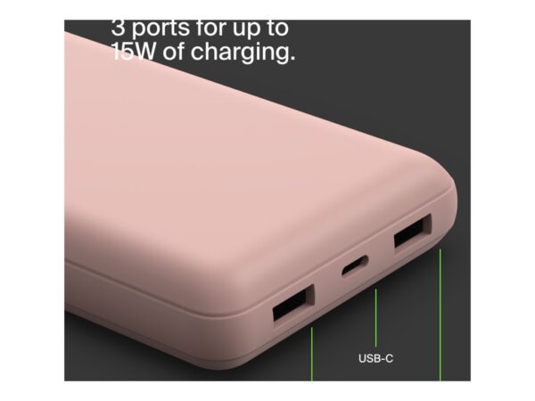 BELKIN Powerbank 20K 15W USB-C cable inclus + 2 USB-A Rose