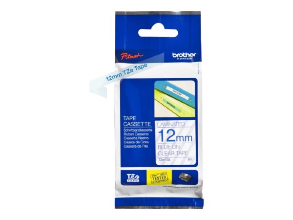 BROTHER Ruban TZe133 12mm Bleu sur fond Transparent Laminé 8M