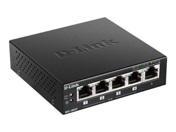 D-LINK Switch metallique Fast Ethernet non manageable 5 ports 10/100Mbps dont un PoE – sans ventilateur – GREEN
