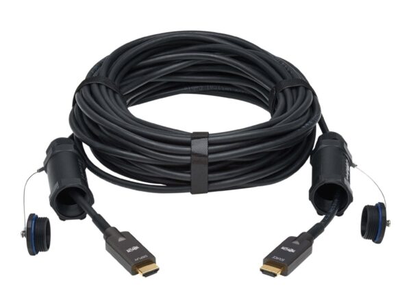 EATON High-Speed Armored HDMI Fiber Active Optical Cable AOC with Hooded Connectors and Reel 4K 60Hz HDR IP68 M/M Black 70m