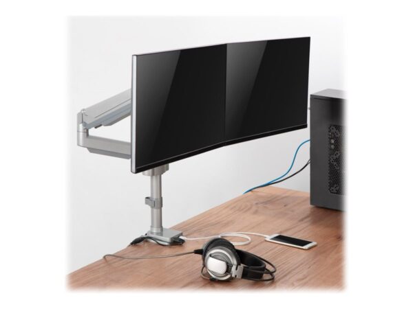 EATON TRIPPLITE Dual-Display Flex-Arm Mount for 13p to 34p Monitors – Clamp or Grommet USB Audio Ports