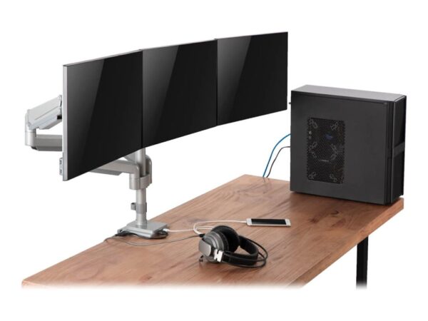 EATON TRIPPLITE Triple-Display Flex-Arm Desktop Clamp for 17inch to 30inch Flat-Screen Displays – USB and Audio Ports Aluminum
