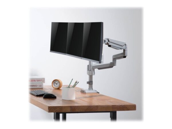 EATON TRIPPLITE Triple-Display Flex-Arm Desktop Clamp for 17inch to 30inch Flat-Screen Displays – USB and Audio Ports Aluminum
