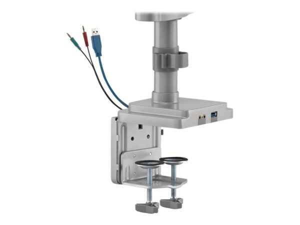 EATON TRIPPLITE Triple-Display Flex-Arm Desktop Clamp for 17inch to 30inch Flat-Screen Displays – USB and Audio Ports Aluminum