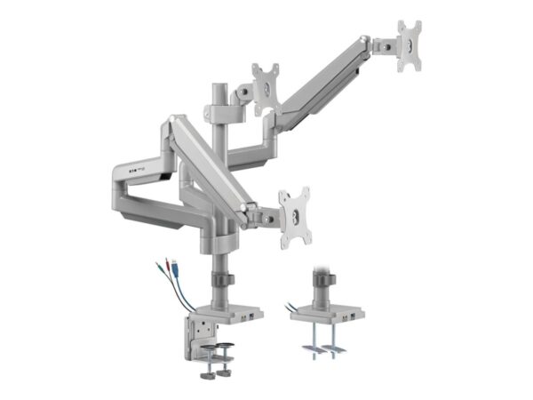 EATON TRIPPLITE Triple-Display Flex-Arm Desktop Clamp for 17inch to 30inch Flat-Screen Displays – USB and Audio Ports Aluminum
