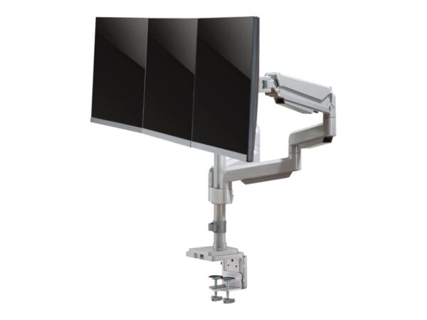 EATON TRIPPLITE Triple-Display Flex-Arm Desktop Clamp for 17inch to 30inch Flat-Screen Displays – USB and Audio Ports Aluminum