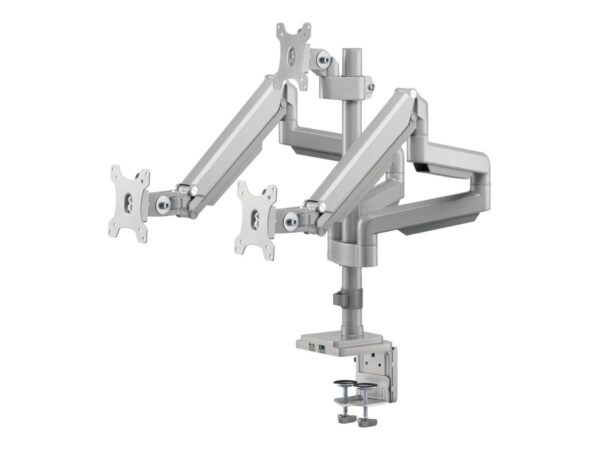 EATON TRIPPLITE Triple-Display Flex-Arm Desktop Clamp for 17inch to 30inch Flat-Screen Displays – USB and Audio Ports Aluminum