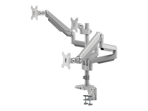 EATON TRIPPLITE Triple-Display Flex-Arm Desktop Clamp for 17inch to 30inch Flat-Screen Displays – USB and Audio Ports Aluminum