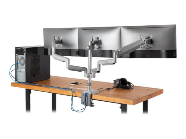 EATON TRIPPLITE Triple-Display Flex-Arm Desktop Clamp for 17inch to 30inch Flat-Screen Displays – USB and Audio Ports Aluminum