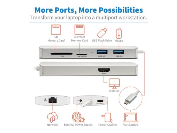 EATON TRIPPLITE USB-C Dock 4K HDMI USB 3.2 Gen 1 USB-A/C Hub GbE Memory Card 60W PD Charging