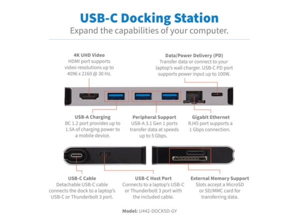 EATON TRIPPLITE USB-C Dock – 4K HDMI USB 3.2 Gen 1 USB-A Hub GbE Memory Card 100W PD Charging Detachable Cord
