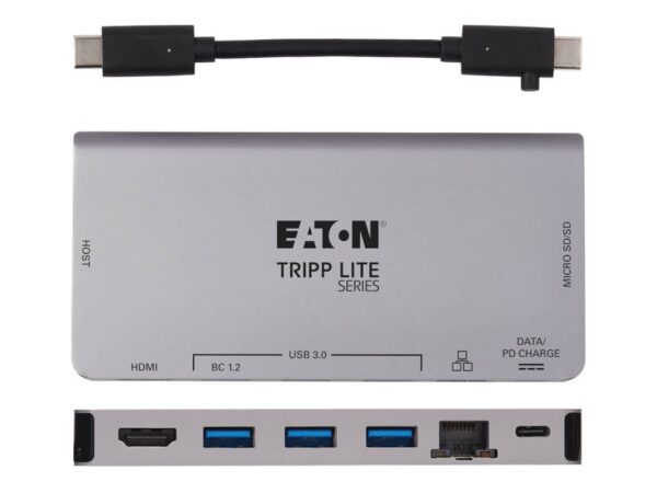 EATON TRIPPLITE USB-C Dock – 4K HDMI USB 3.2 Gen 1 USB-A Hub GbE Memory Card 100W PD Charging Detachable Cord