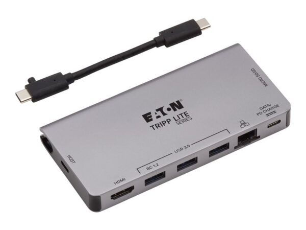 EATON TRIPPLITE USB-C Dock – 4K HDMI USB 3.2 Gen 1 USB-A Hub GbE Memory Card 100W PD Charging Detachable Cord