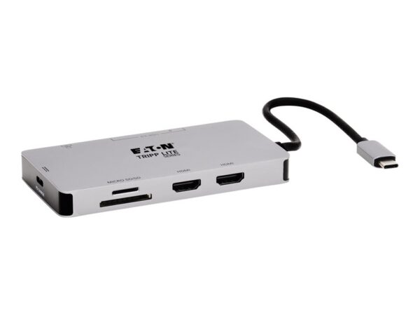 EATON TRIPPLITE USB-C Dock Dual Display – 4K 60Hz HDMI USB 3.2 Gen 1 USB-A Hub GbE Memory Card 100W PD Charging Gray
