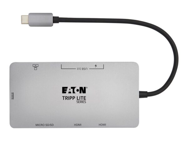 EATON TRIPPLITE USB-C Dock Dual Display – 4K 60Hz HDMI USB 3.2 Gen 1 USB-A Hub GbE Memory Card 100W PD Charging Gray