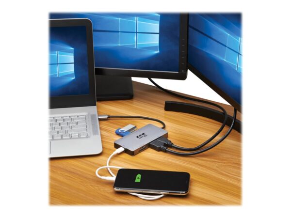 EATON TRIPPLITE USB-C Dock Dual Display – 4K 60Hz HDMI USB 3.2 Gen 1 USB-A Hub GbE Memory Card 100W PD Charging Gray