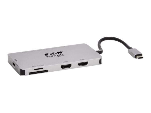 EATON TRIPPLITE USB-C Dock Dual Display – 4K 60Hz HDMI USB 3.2 Gen 1 USB-A Hub Memory Card 100W PD Charging Gray