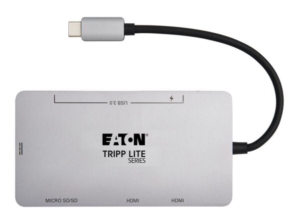 EATON TRIPPLITE USB-C Dock Dual Display – 4K 60Hz HDMI USB 3.2 Gen 1 USB-A Hub Memory Card 100W PD Charging Gray