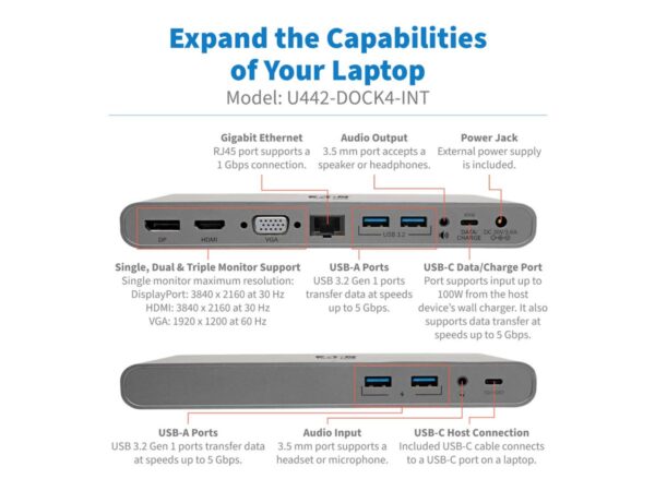 EATON TRIPPLITE USB-C Dock Triple Display – 4K HDMI/DisplayPort VGA USB 3.2 Gen 1 USB-A/USB-C Hub GbE 100W PD Charging International