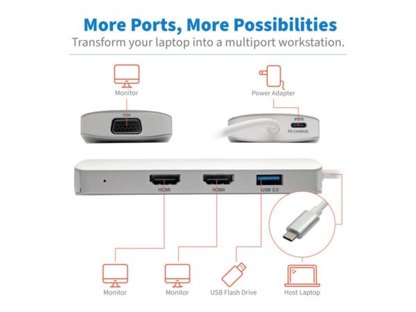 EATON TRIPPLITE USB-C Dock Triple Display HDMI VGA USB 3.2 Gen 1 USB-A Hub 100W PD Charging