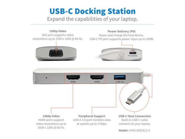 EATON TRIPPLITE USB-C Dock Triple Display HDMI VGA USB 3.2 Gen 1 USB-A Hub 100W PD Charging