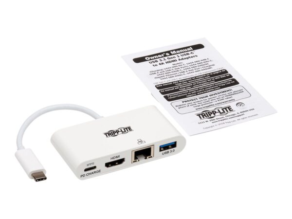 EATON TRIPPLITE USB-C Multiport Adapter – 4K HDMI USB-A Port GbE 60W PD Charging HDCP White