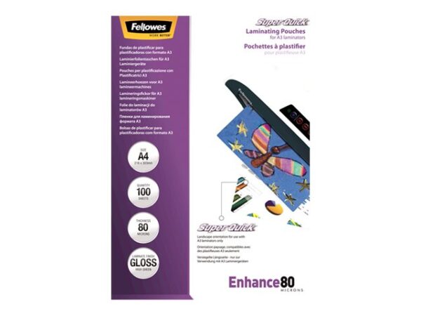 FELLOWES Pochettes SuperQuick brillantes A4 80 microns – Pack de 100