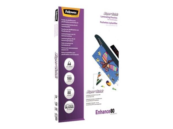 FELLOWES Pochettes SuperQuick brillantes A4 80 microns – Pack de 100
