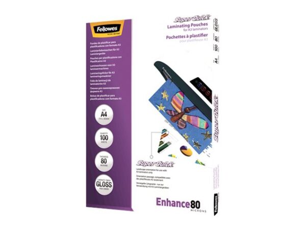 FELLOWES Pochettes SuperQuick brillantes A4 80 microns – Pack de 100