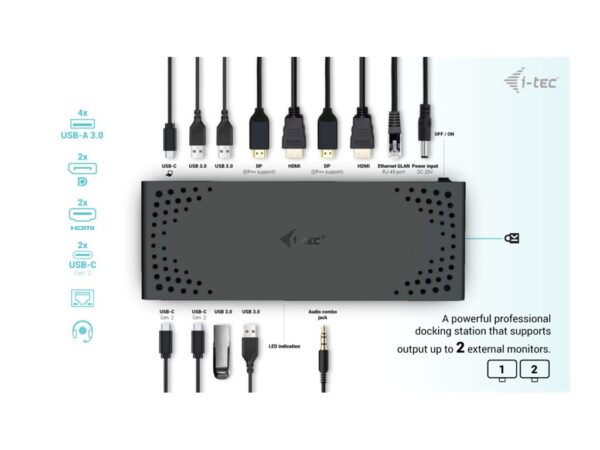 I-TEC USB 3.0/USB-C/Thunderbolt 3 Dualdock 1x5K 2x4K 60Hz 2xDP 2xHDMI 1xGLAN 4xUSB 3.2 2xUSB-C 3.2 Gen.2 1xAudio/Mic Jack PD 100W KL