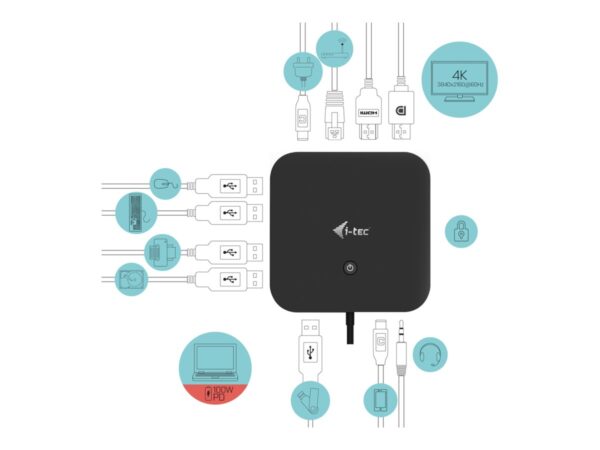 I-TEC USB-C Dual Display MST DS 1xDP 1xHDMI 1xGLAN 3xUSB 3.0 2xUSB 2.0 1xUSB-C-Datei 1xAudio/Mic Jack 1x100W USB-C PD+Charger 112W