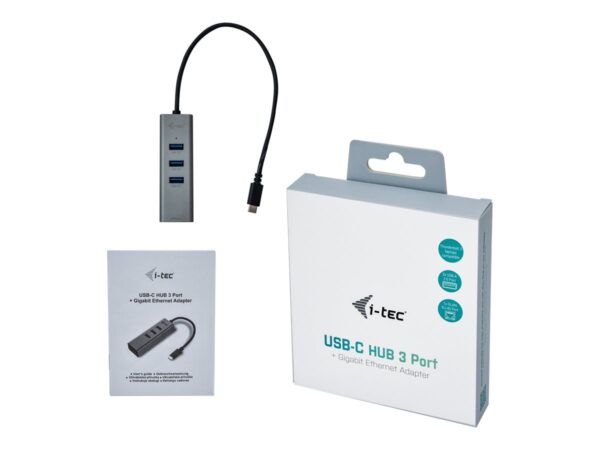 I-TEC USB-C Metal 3-Port HUB with Gigabit Ethernet Adapter 1xUSB-C to RJ-45 3xUSB 3.0 Port LED-Anzeige compatible with TB 3