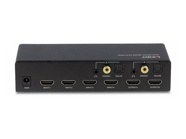 LINDY 4×2 HDMI 2.0 4K 18G Matrix Switch with Audio Extractor Optical Out or 3.5mm Jack 4K 3840x2160at60Hz 8bit