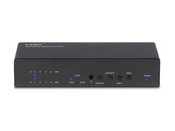 LINDY 4×2 HDMI 2.0 4K 18G Matrix Switch with Audio Extractor Optical Out or 3.5mm Jack 4K 3840x2160at60Hz 8bit