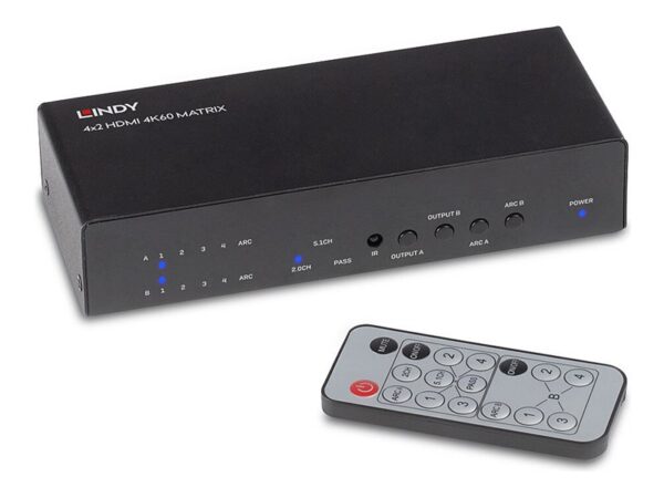 LINDY 4×2 HDMI 2.0 4K 18G Matrix Switch with Audio Extractor Optical Out or 3.5mm Jack 4K 3840x2160at60Hz 8bit