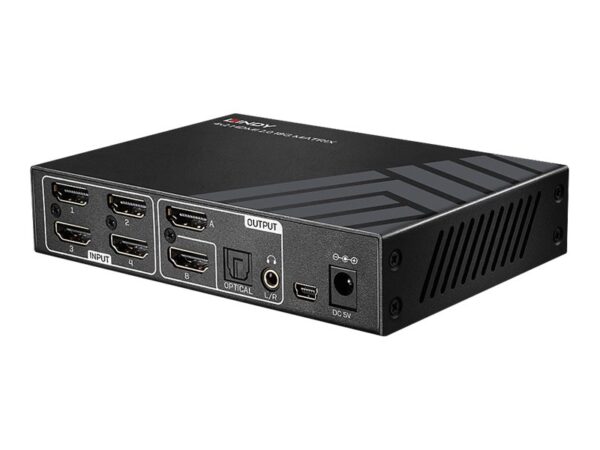 LINDY 4×2 HDMI 2.0 4K 18G Matrix Switch with Audio Extractor Optical Out or 3.5mm Jack 4K 3840x2160at60Hz 8bit