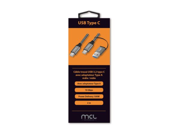 MCL USB 3.2 Type C mesh cable 10G 100W 5A + USB 3.0 adapter male – 2m