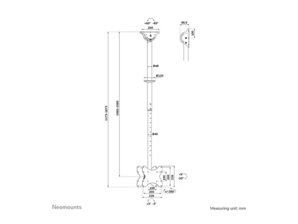 NEOMOUNTS CL35-340BL22 Support de plafond pour double écran 23-42p – h 106-156 cm