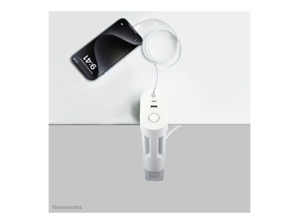 NEOMOUNTS VOLT Desk Clamp socket with Quick-charge USB Ports clamp 0-50mm 3x type-F 230V 1x USB-A 18W 2x USB-C 20W