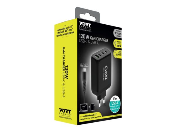 PORT DESIGNS 120W Gan Charger USB-C & USB-A Gallium Nitride Gan Technology More Efficient Smaller Lighter And Less Energy Consuming