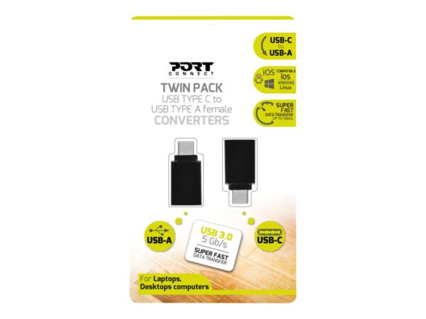 PORT DESIGNS Twin Pack – USB Type C to USB Type A Female Converters
