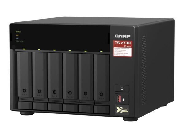 QNAP 6-bay NAS AMD Ryzen Embedded V1500B 2.2GHz 8Go 6xSATA 6Gb/s bays 2xM.2 NVMe PCIe Gen3 SSD slots 2×2.5GbE LAN optional 10GbE