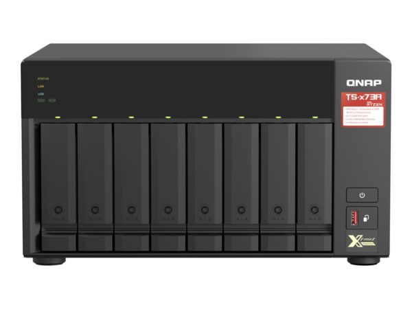 QNAP 8-bay NAS AMD Ryzen Embedded V1500B 2.2GHz 8Go 8xSATA 6Gb/s bays 2xM.2 NVMe PCIe Gen3 SSD slots 2×2.5GbE LAN optional 10GbE
