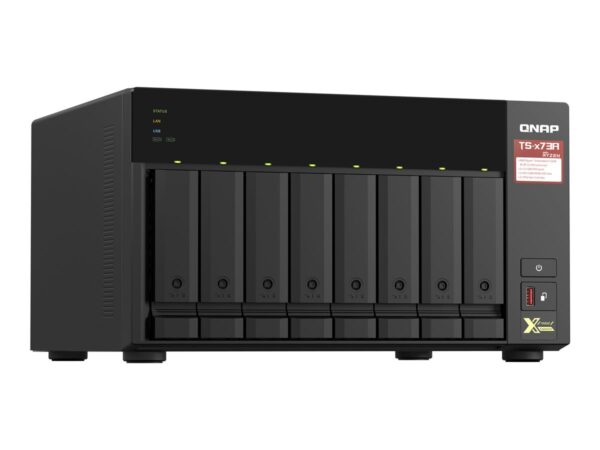 QNAP 8-bay NAS AMD Ryzen Embedded V1500B 2.2GHz 8Go 8xSATA 6Gb/s bays 2xM.2 NVMe PCIe Gen3 SSD slots 2×2.5GbE LAN optional 10GbE