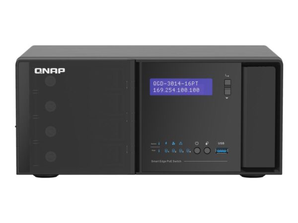 QNAP QGD-3014-16PT J4125 4×3.5p HDD 2xM.2 SATA SSD 2xUSB3.0 14 1GbE RJ45 PoE ports 2 1GbE SFP+/RJ45 combo PoE