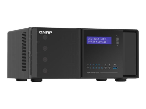 QNAP QGD-3014-16PT J4125 4×3.5p HDD 2xM.2 SATA SSD 2xUSB3.0 14 1GbE RJ45 PoE ports 2 1GbE SFP+/RJ45 combo PoE