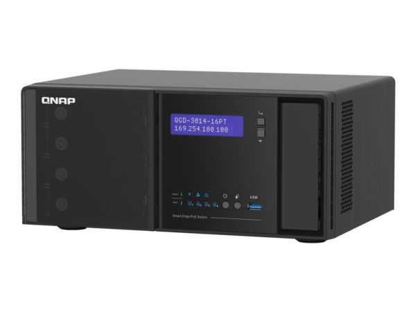 QNAP QGD-3014-16PT J4125 4×3.5p HDD 2xM.2 SATA SSD 2xUSB3.0 14 1GbE RJ45 PoE ports 2 1GbE SFP+/RJ45 combo PoE