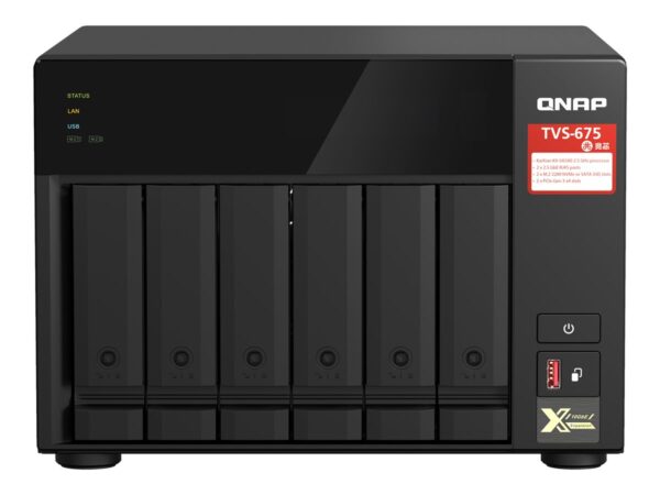 QNAP TVS-675-8G 6-bay NAS KX-U6580 8C/8T 2.5GHz 8Go 6xSATA 6Gb/s bays 2xM.2 NVMe PCIe Gen3 SSD slots 2×2.5GbE LAN optional 10GbE